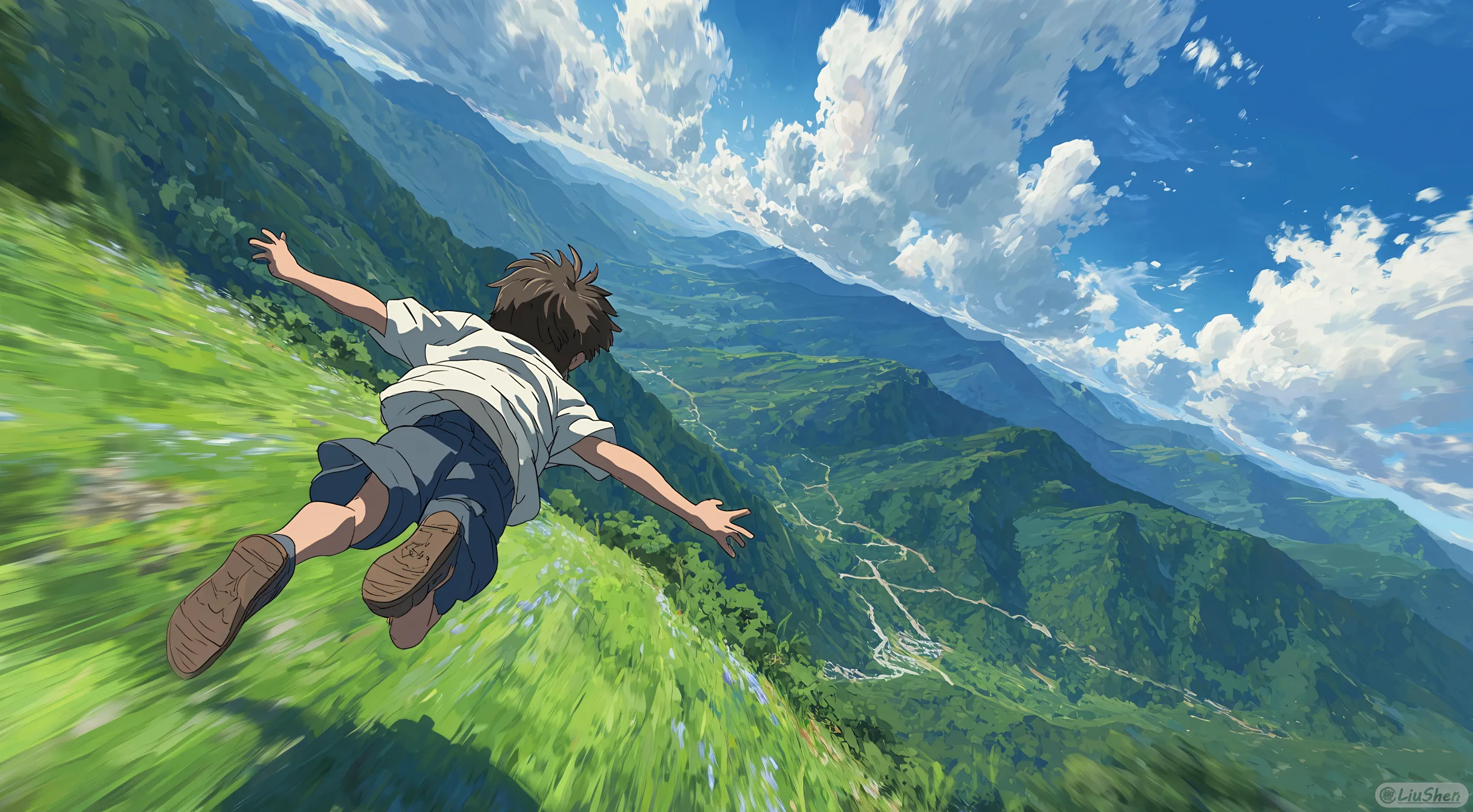 天空草地,少年奔跑